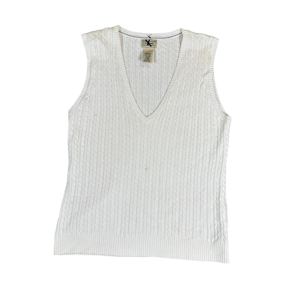 LL Bean Womens Cable Knit Sweater Vest Cream White V-Neck Cotton Blend M-REG